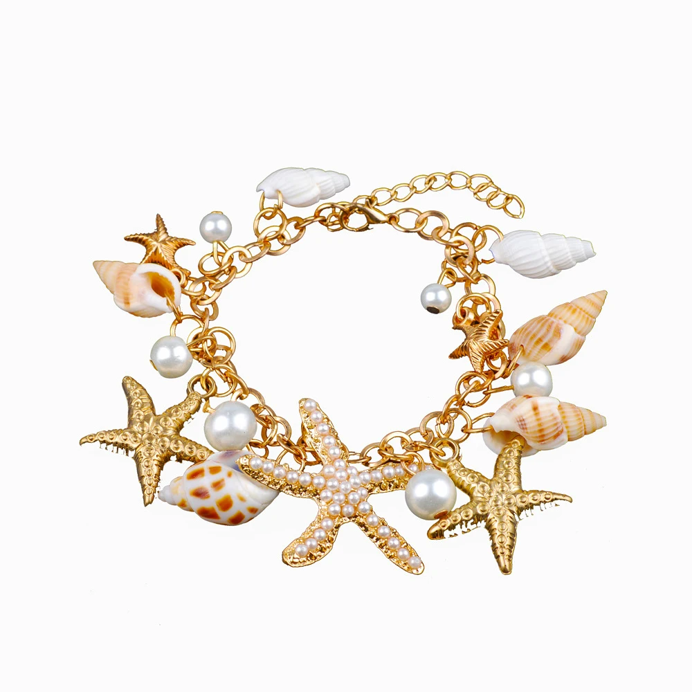 Gold bracelet Лот Морская звезда морские серьги «Улитка» ожерелье браслет костюм жемчужная раковина двойной сотуар Шарм Раковины ракушка Серьги капли ювелирные наборы - Окраска металла: Gold bracelet