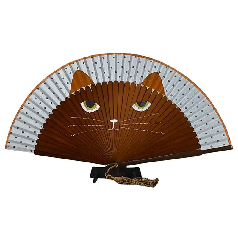 Милый Летний складной веер для кошек из шелка и бамбука раскрашенный вручную с