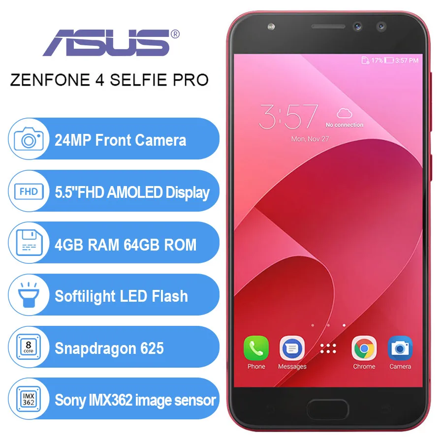 Оригинал ASUS ZenFone 4 Selfie Pro ZD552KL Snapdragon 625 Восьмиядерный селфи камера Android 7 1 Гб 64 5