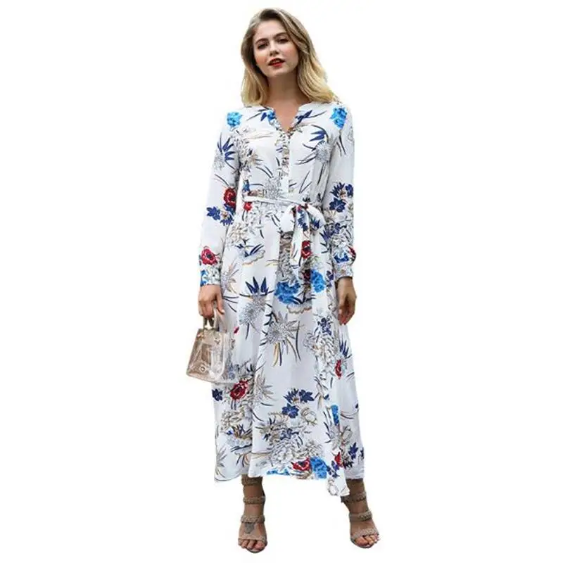 TYJTJY Floral Summer Maxi Dress Long Sleeve Boho Vintage White Green Beach Tropical Autumn 2019 Dresses for Women | Женская одежда