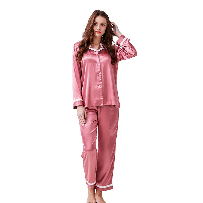 

womens satin silk pajamas bathrobe set sleepwear 2019 spring summer plus size nightwear 2 pieces suit Household pink fashion