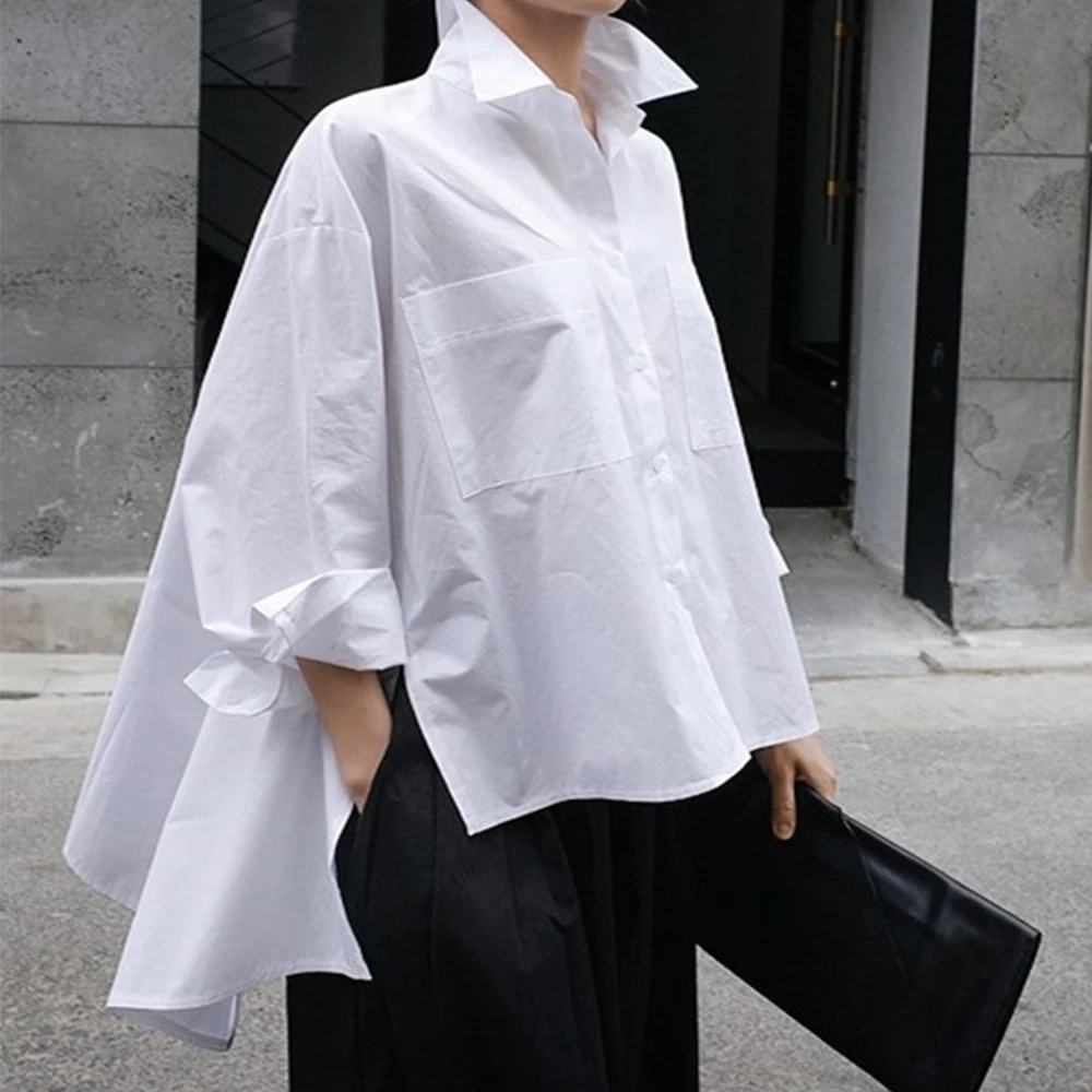 

Cotton Women's Shirt Botton Long Sleeve Turn-down Collar Anomalistic Womens Tops and Blouses Pockets Cape Shaped Loose Tunic