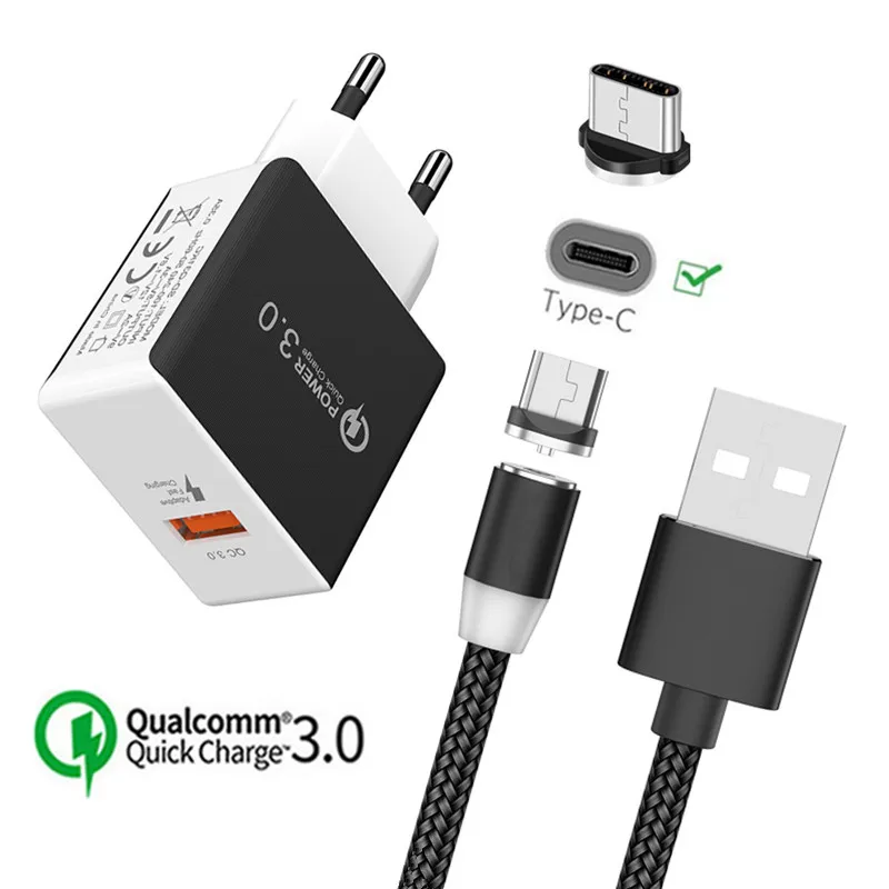EU charger and cable QC 3,0 быстрое зарядное устройство Тип C Магнитный зарядный провод для Nokia 8,1 samsung galaxy A80 S9 S10 sony Xperia 10 Plus XA2 Магнитный usb-кабель - Тип штекера: EU charger and cable