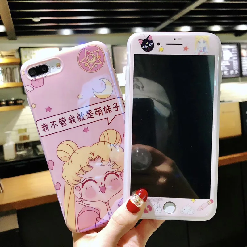 Мягкий чехол Blue ray + стеклянная пленка для iPhone 7 7plus Сейлор Мун Чехлы и закаленное