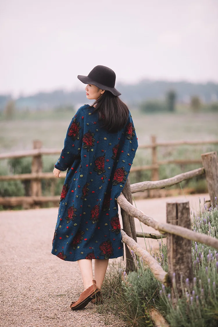 TaFiY Vestidos, женские зимние платья, Ретро стиль, круглый ворот, цветочный принт, утолщенное шерстяное Макси платье размера плюс, шерстяные женские длинные халаты