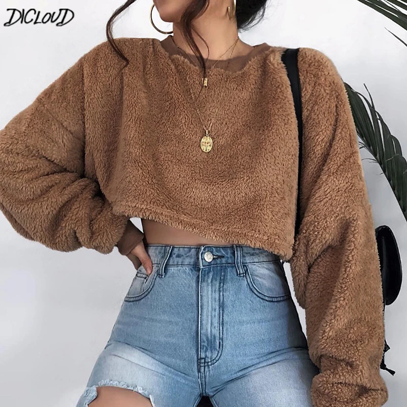 DICLOUD зимние короткие толстовки женские модные плюшевые пуловеры | Женские толстовки и свитшоты -32959688971