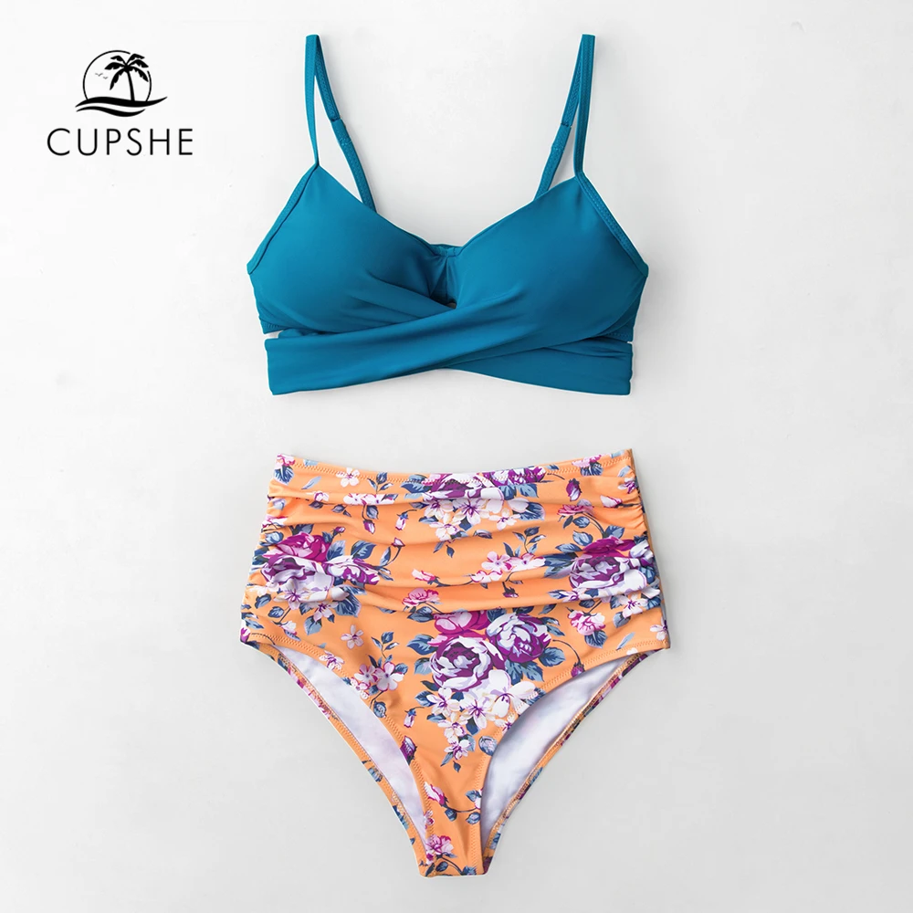 Женский купальник бикини CUPSHE голубой с высокой талией и цветочным принтом пуш
