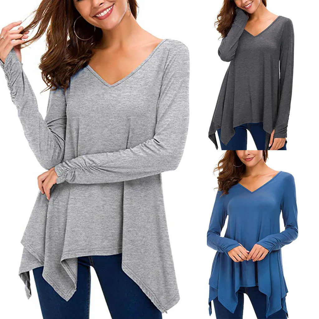 Women Casual Solid Long Sleeve Handkerchief Tunic V-neck Top Shirt long sleeve shirt women |