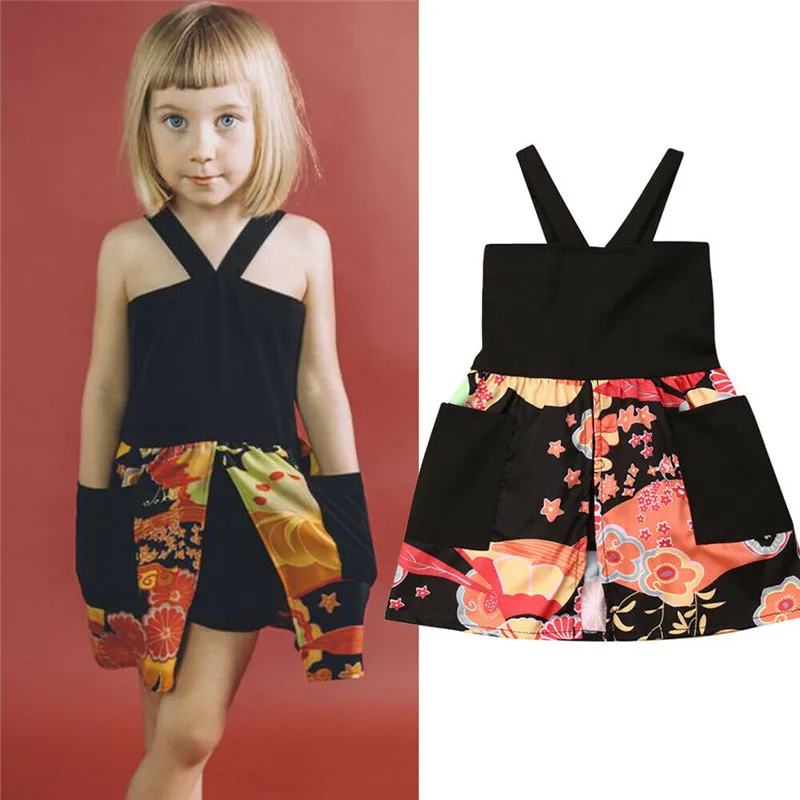 2019 Newborn Toddler Kids Baby Girls Dress Summer Black Sleeveless Floral Pockets Princess Sundress Outfits Costume Clothing | Детская