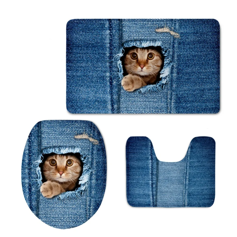 

HUGSIDEA Funny Denim Cat Dog Carpets for Bathroom Toilet Floor Non-Slip Mats 3PC/Set WC Seat Closestool Lid Pads Home Bath Decor