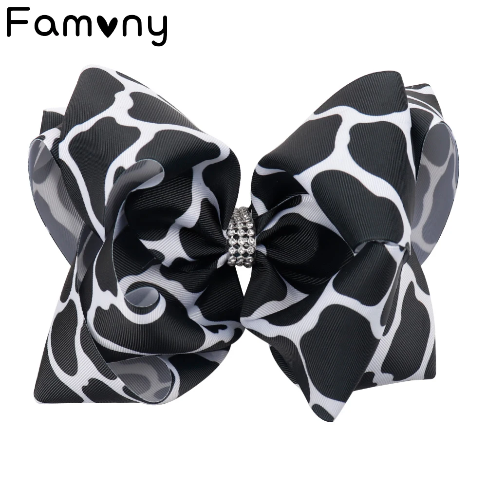 

8 Inch Big Cow pattern Hair Bows Boutique Hair Clip With Rhinestone Knotted Grosgrain Ribbon Handmade Headdress Hair Accessories