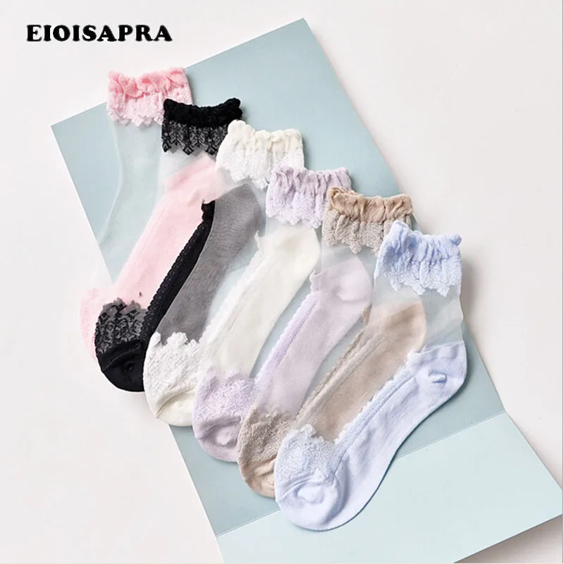 

[EIOISAPRA]Spring/Summer Women Ultrathin Crystal Silk Lace Short Socks Transparent Antiskid Anti-Static Fashion Women Socks