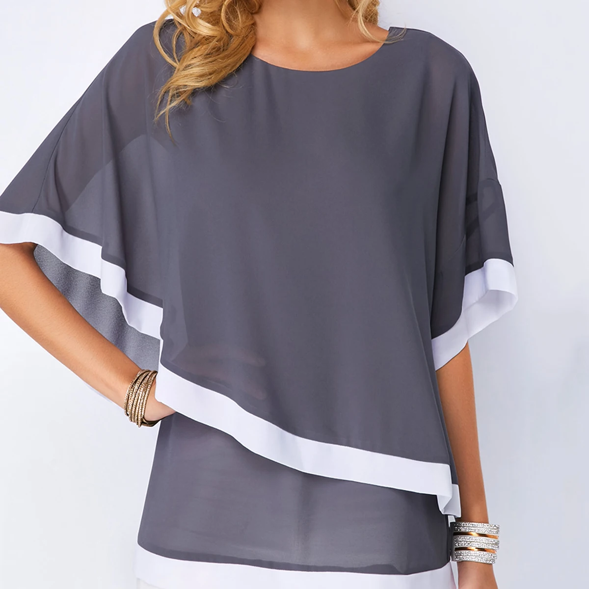 plus size Blouses for women 4xl 5xl Patchwork Double layer Tops Casual Batwing tunic Autumn Large size Chiffon Shirts