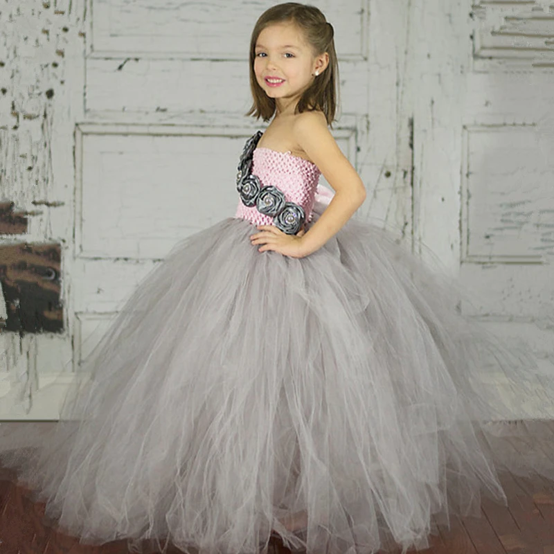 Cute Girls Grey Tulle Dress Kids Crochet Corset Long Tutu with Rose Flowers Children Wedding Party Costume Banquet Dresses | Детская