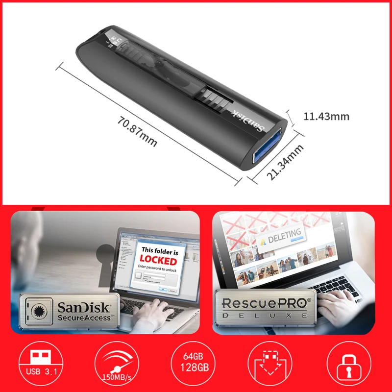 

SanDisk Extreme Go USB 3.1 Flash Drive 128GB 64GB Pen Drive High-Speed 200MB/s Memory USB Stick For TV/PC/Car Player