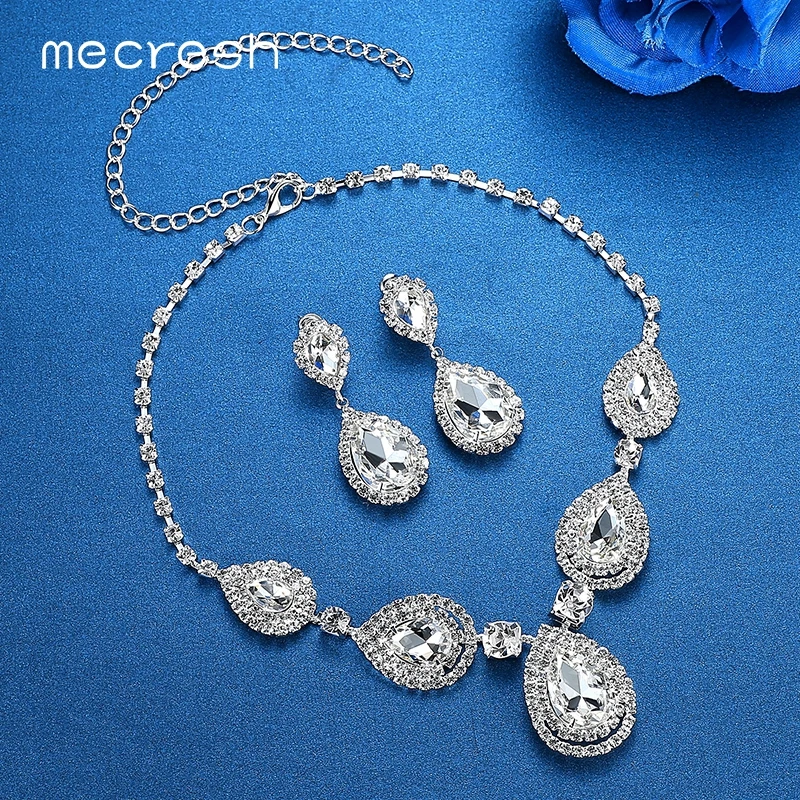 Mecresh серебряный цвет каплевидные Свадебные Ювелирные наборы кристалл свадебное