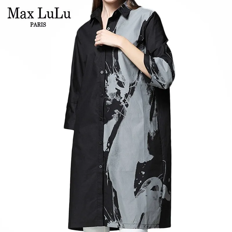 Женская длинная рубашка Max LuLu винтажные топы и блузки с принтом осень 2019 г. одежда