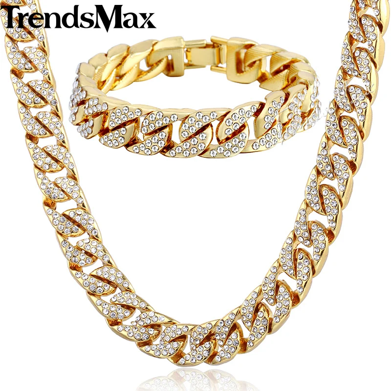 Trendsmax, хип-хоп, кантри, кубинские, женские, мужские, ожерелье, браслет, ювелирный набор, Iced Out, золотой, серебряный цвет, 14 мм, GS259
