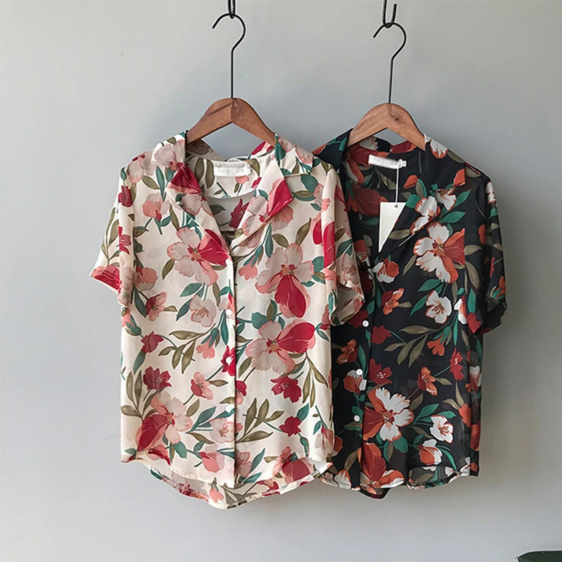 Women Blouses 2019 Floral Print short Sleeve Turn Down Collar Blouse Ladies Shirts summer chiffon Blusas Chemisier Femme |