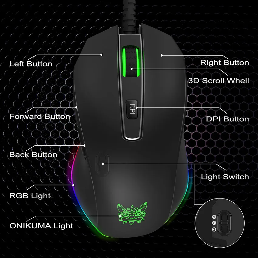 ONIKUMA CW60 8000 dpi Проводная игровая мышь Мыши 6 кнопок дизайн дышащий светодиодный цвет для геймера PC MAC