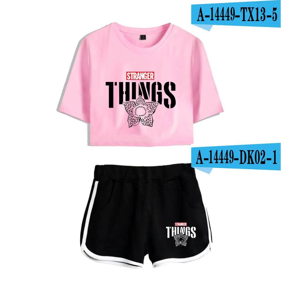 Женский комплект из двух предметов; комплект из 2 предметов с принтом «странные вещи»; укороченный топ и короткие штаны; Спортивный костюм для женщин; комплекты одежды в стиле хип-хоп - Цвет: 15