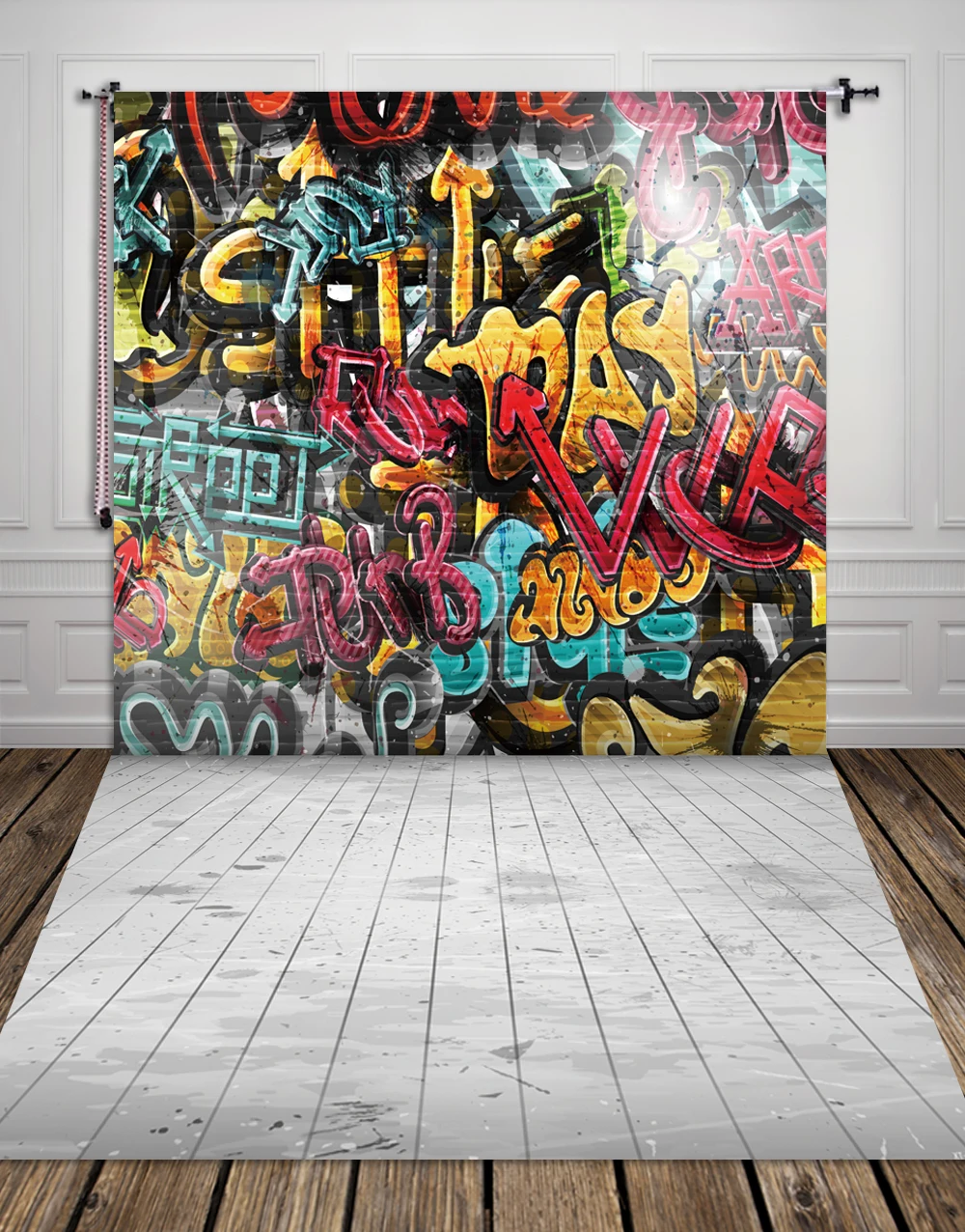 

HUAYI Scrawl Wall Backdrop With Vintage Wood Floor Art Fabric Newborn Backdrop XT-2399