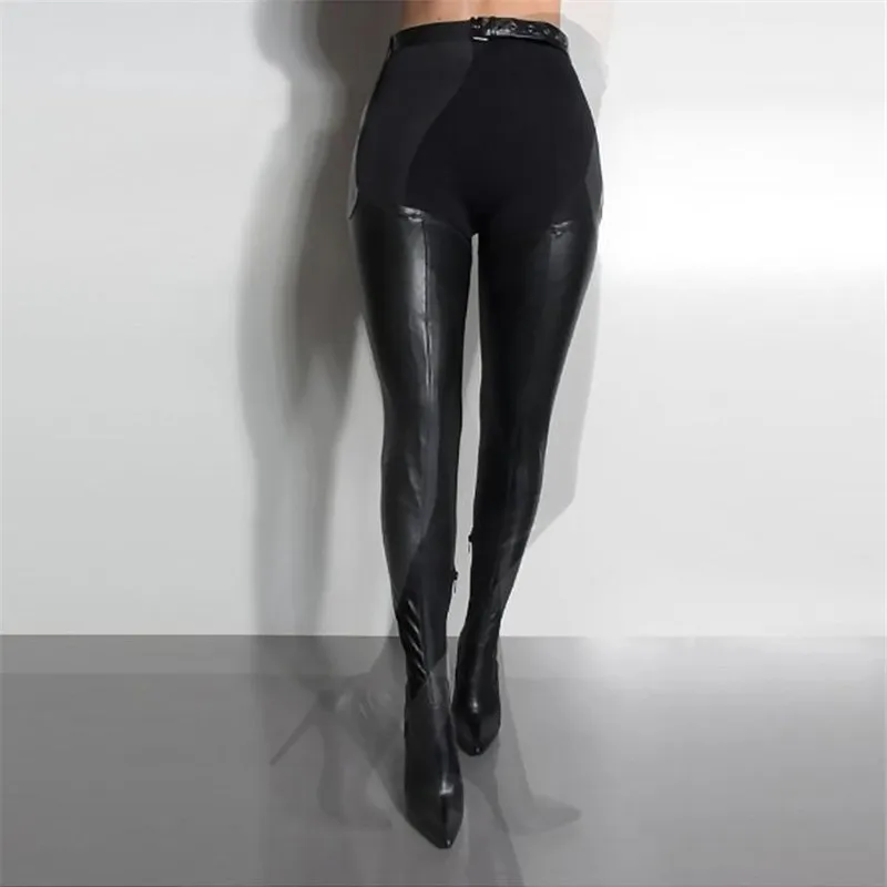 Fashion Rihanna Crotch Thigh High Heeled Boots Sexy Ladies Belted Over The Knee Thin Heels Stieltto Shoes Woman Black | Обувь
