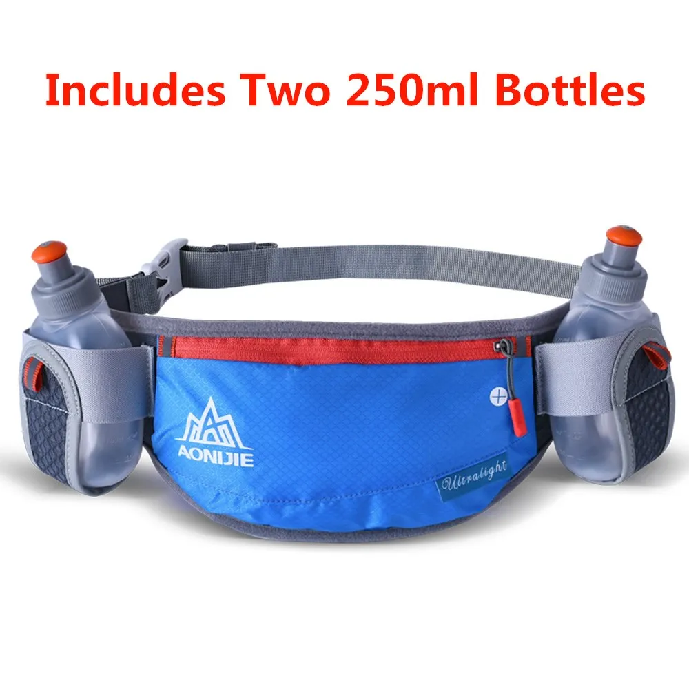 Blue With Bottle AONIJIE Мужская и женская сумка для бега, гидрационный ремень, водонепроницаемая сумка для бега, поясная сумка с двумя бутылками для воды 250 мл - Цвет: Blue With Bottle