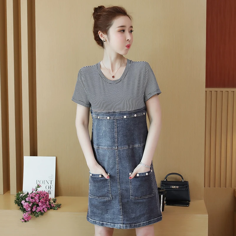 Женское джинсовое платье с круглым вырезом свободного покроя|Женские платья| |