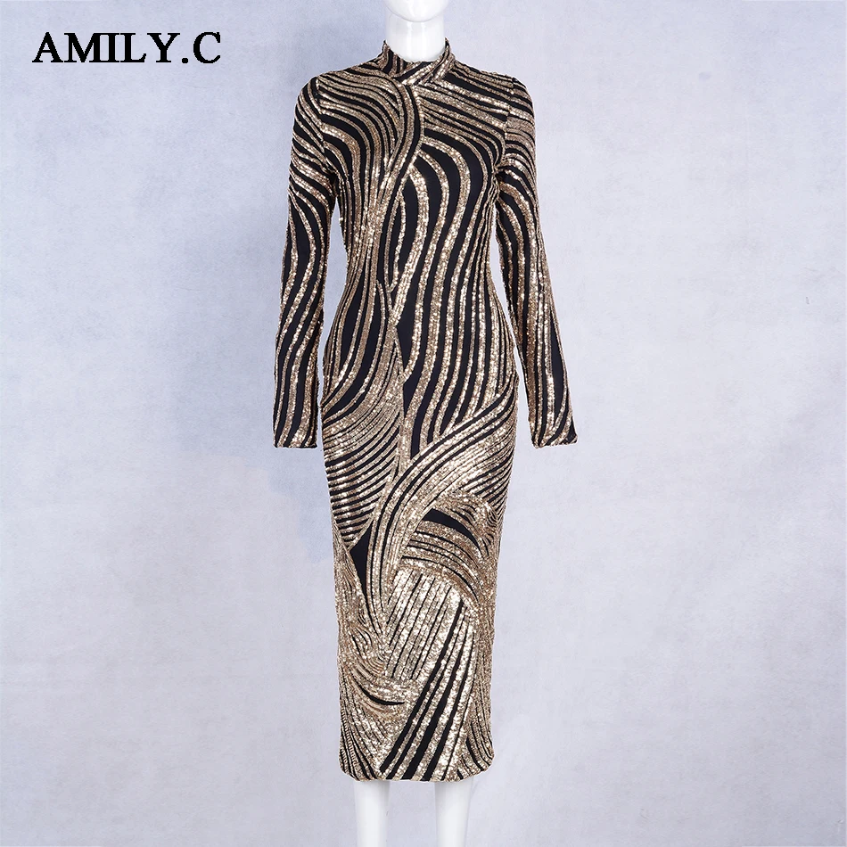 Женское облегающее платье Amily.c золотистое вечернее с круглым вырезом и блестками
