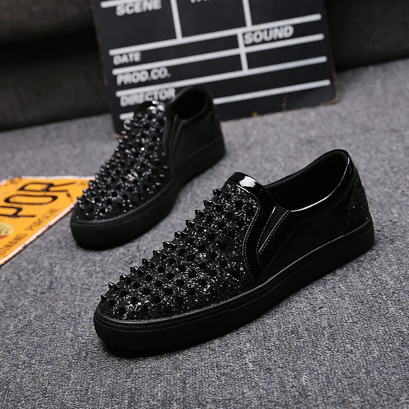 men leisure party night club wear patent leather rivets shoes slip-on flats platform shoe black silver breathable loafers sapato