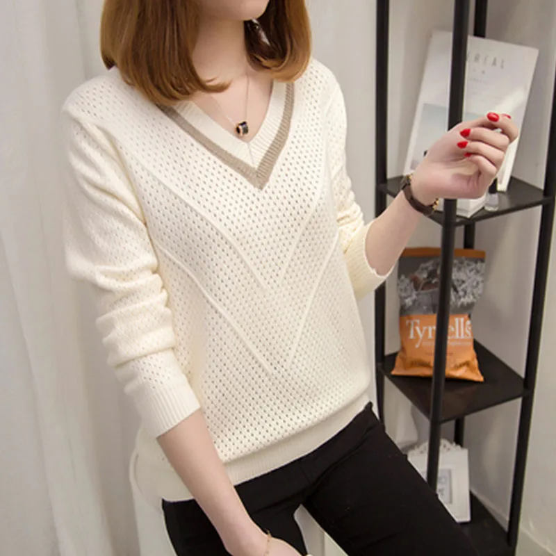 2019 Solid color Spring autumn Women knitted sweaters Long sleeve Casual loose large size hollow cc16 | Женская одежда