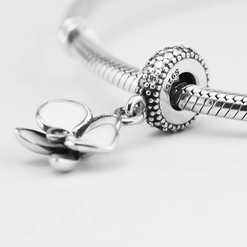 Подходит для Pandora Браслеты Подвески в виде орхидеи с белой эмалью 100% 925 пробы
