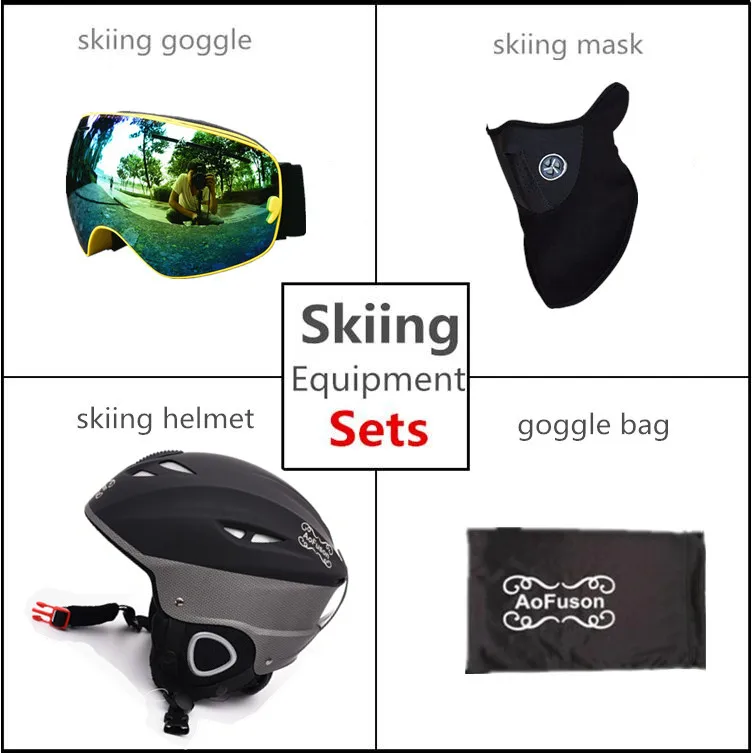 Лыжное снаряжение комплект шлем с Goggle безопасность цельно формованные размера плюс бархатный шлем двухслойные противотуманные очки - Цвет: Yellow Frame