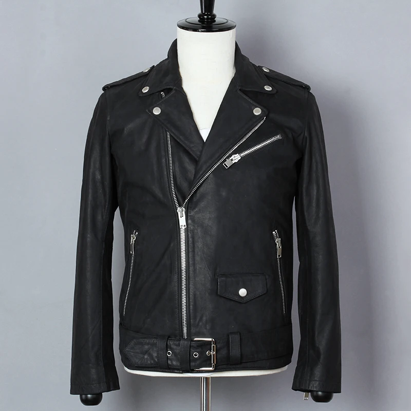 Мужская короткая приталенная куртка винтажная мотоциклетная из натуральной