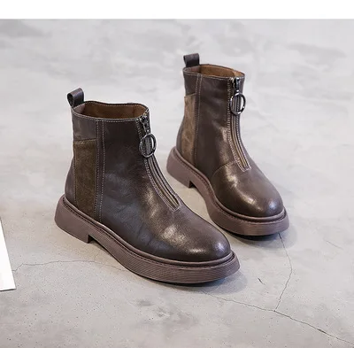 Leather Brown Autumn Женские ботильоны; модная женская зимняя обувь на молнии; коллекция года; женские ботильоны из натуральной кожи на низком каблуке; женские теплые зимние ботинки - Цвет: Leather Brown Autumn