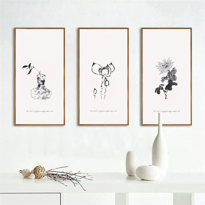 Черно белые простые цветы китайский стиль Водные чернила холст живопись