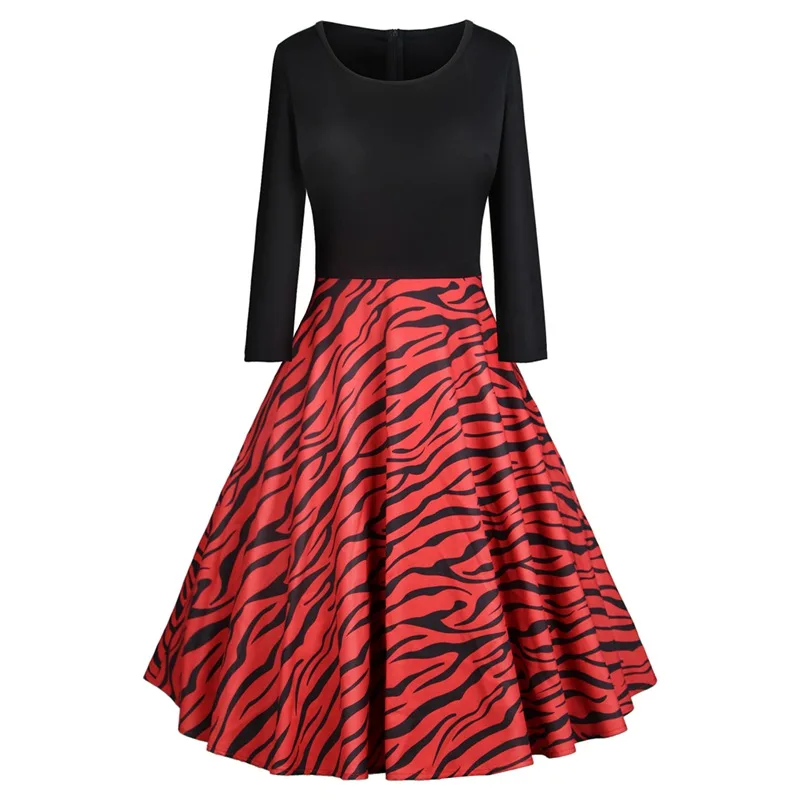 HeyGalSing Women Vintage Print Patchwork Dress 2018 Winter New Round Neck 3/4 Sleeve Swing Midi Elegant Party | Женская одежда