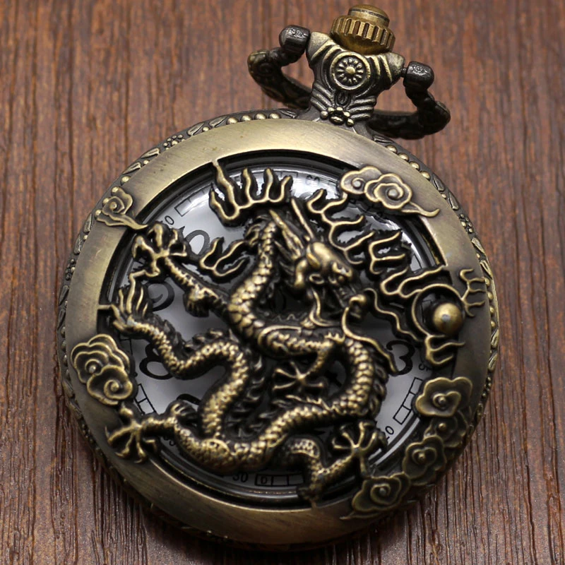 Полые Кварцевые Винтаж чехол для карманных часов бронза 3D китайского зодиака