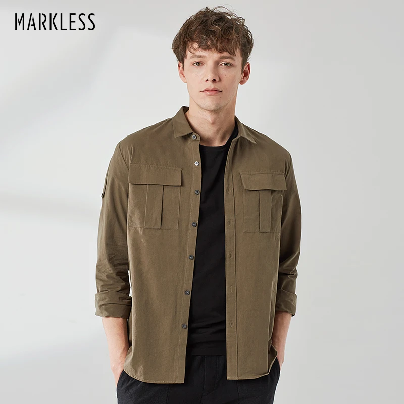 Markless, хлопок, мужская рубашка, весна, сплошной цвет, свободные рубашки, много карманов, рабочие рубашки для мужчин, camisa masculina CSA9525M