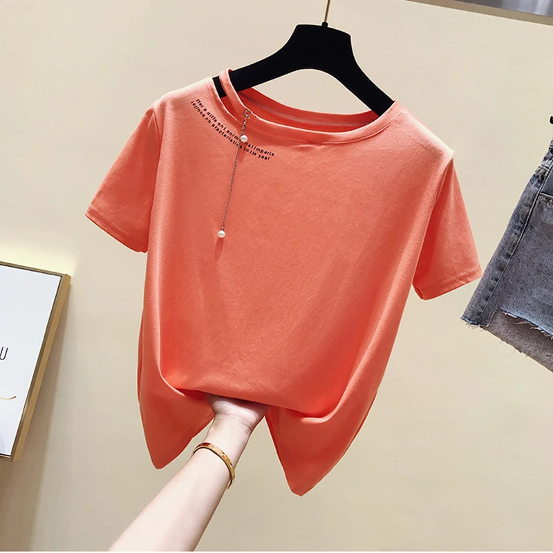 Camisetas Mujer Verano, Забавные футболки с жемчужинами, женские хлопковые футболки с коротким рукавом, женские топы, белая футболка, женская футболка