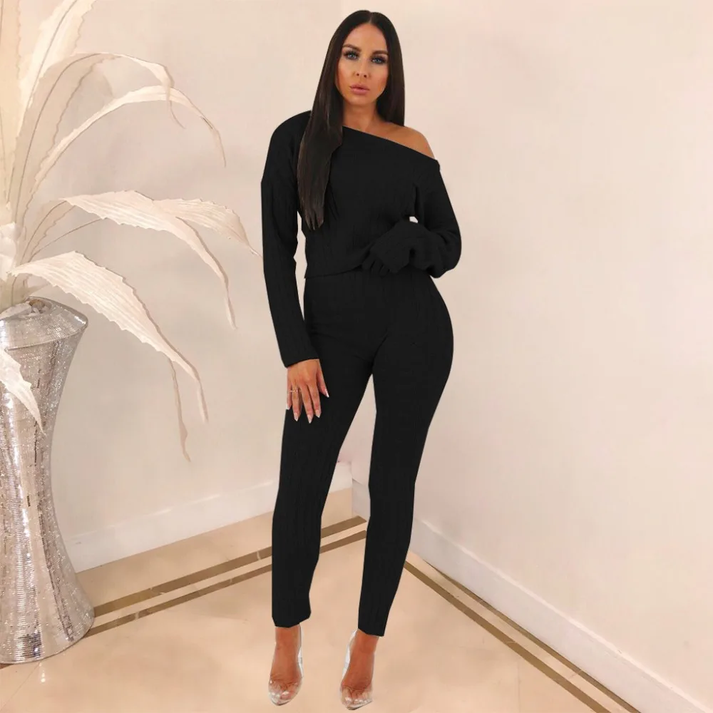 

New Design Rib Women O Neck Tops With Pants Women Two Piece Set