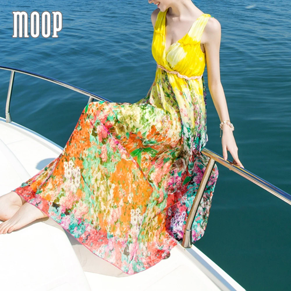 Лето Boho розовый желтый натуральный цветочный шелковое платье длинное пляжное