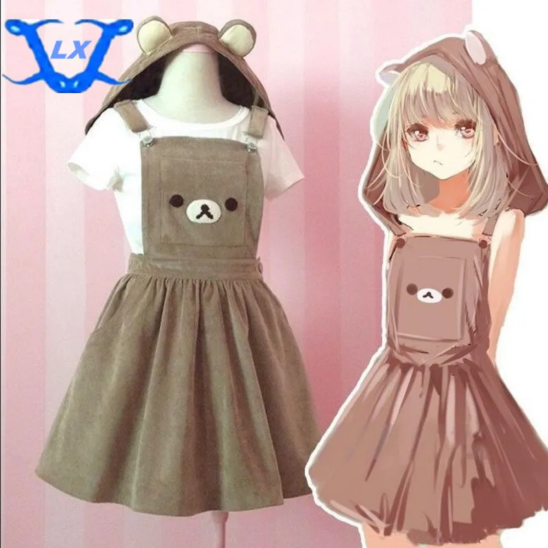 Женское платье Kawaii Rilakkuma, милое платье с вышивкой в виде медведя, платье в стиле Лолиты, Бандажное платье, летнее платье(со съемным капюшоном