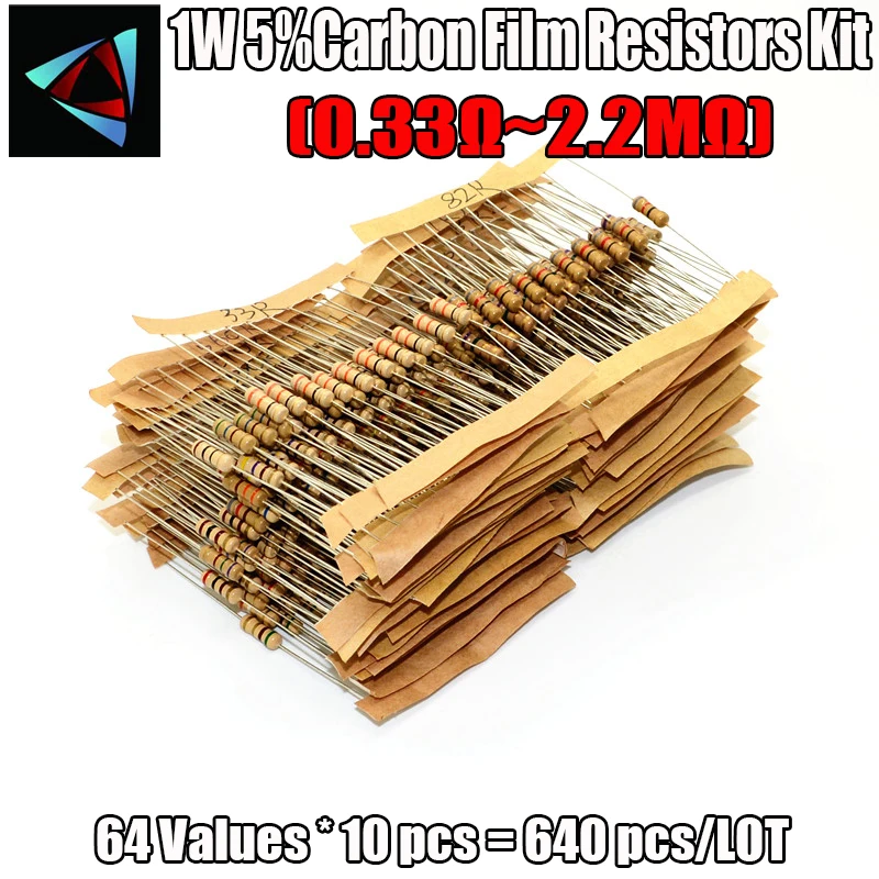 

640pcs 64 Values 0.33 - 2.2MOhm 1W 5% Carbon Film Resistor Assorted Kit Set