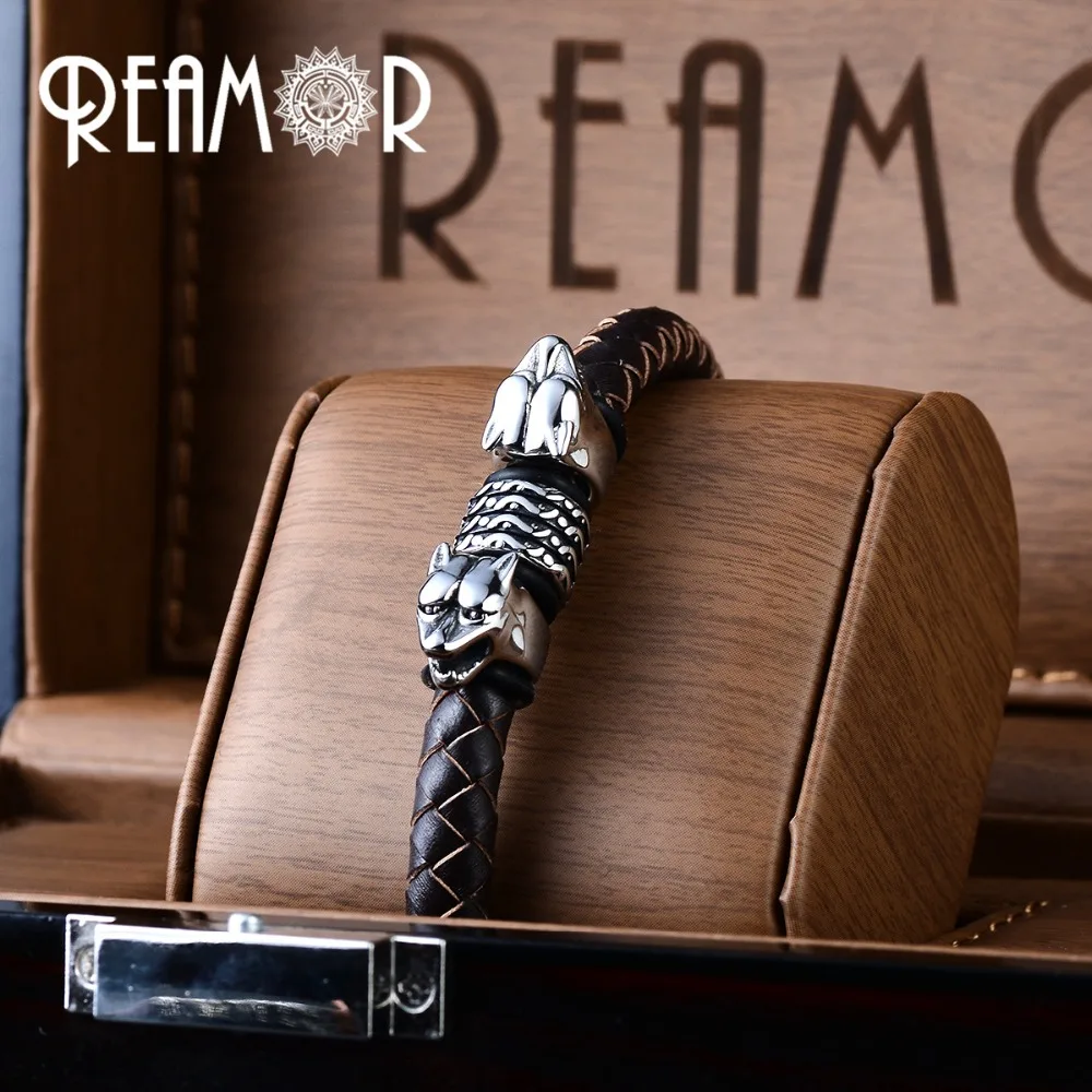 Мужской браслет с волчьей головкой REAMOR плетеный из нержавеющей стали 316L
