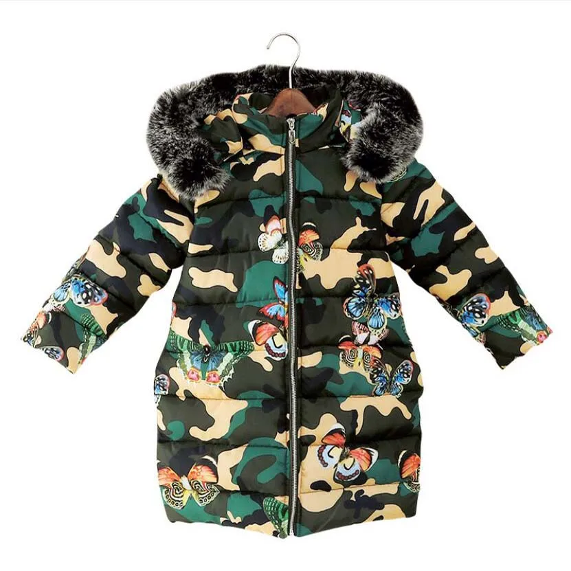 camouflage Одежда для девочек, детская зимняя утепленная хлопковая куртка, длинное теплое камуфляжное пальто с бабочками для девочек, топы для девочек, верхняя одежда для малышей - Цвет: camouflage
