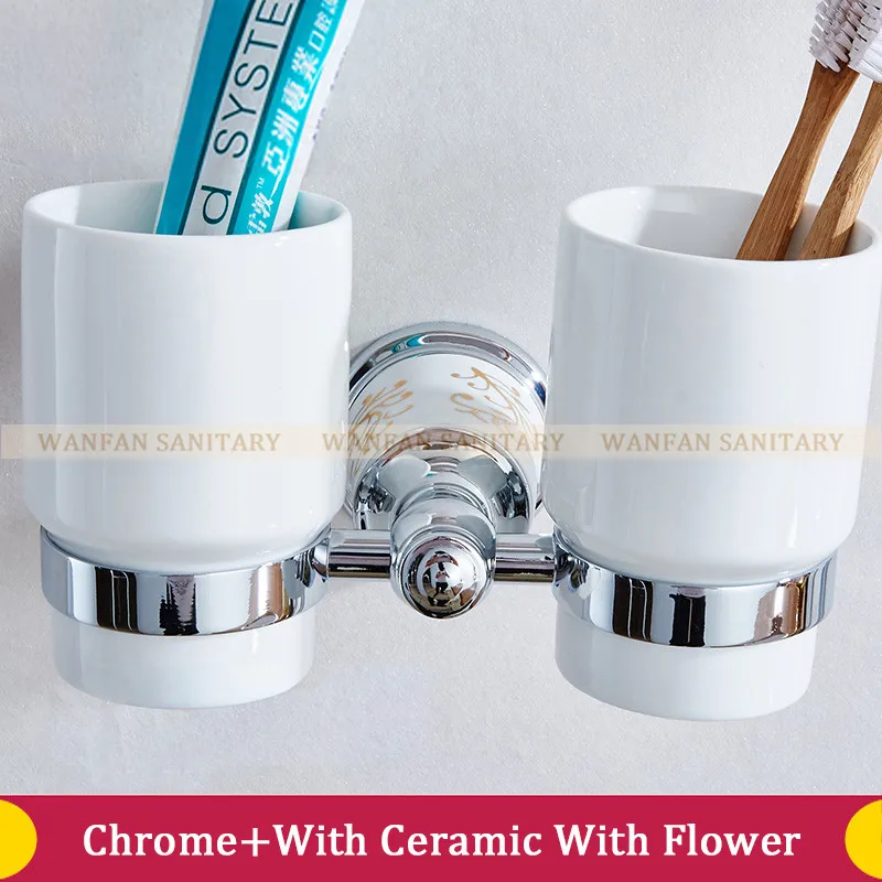 Chrome With Flower Настенный держатель для ванной комнаты, европейский стиль роскошный золотой держатель для зубной щетки, держатель стаканов двойной подстаканник - Цвет: Chrome With Flower