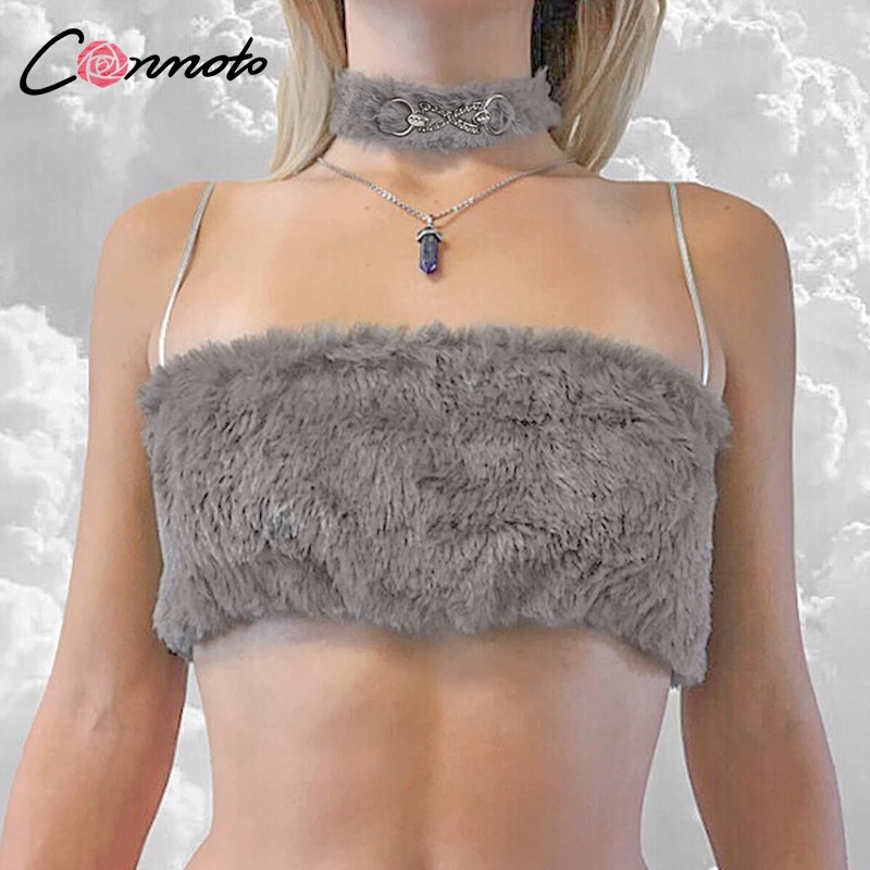 Женские топы с искусственным мехом Conmoto Chic Клубные Топы на бретельках спагетти
