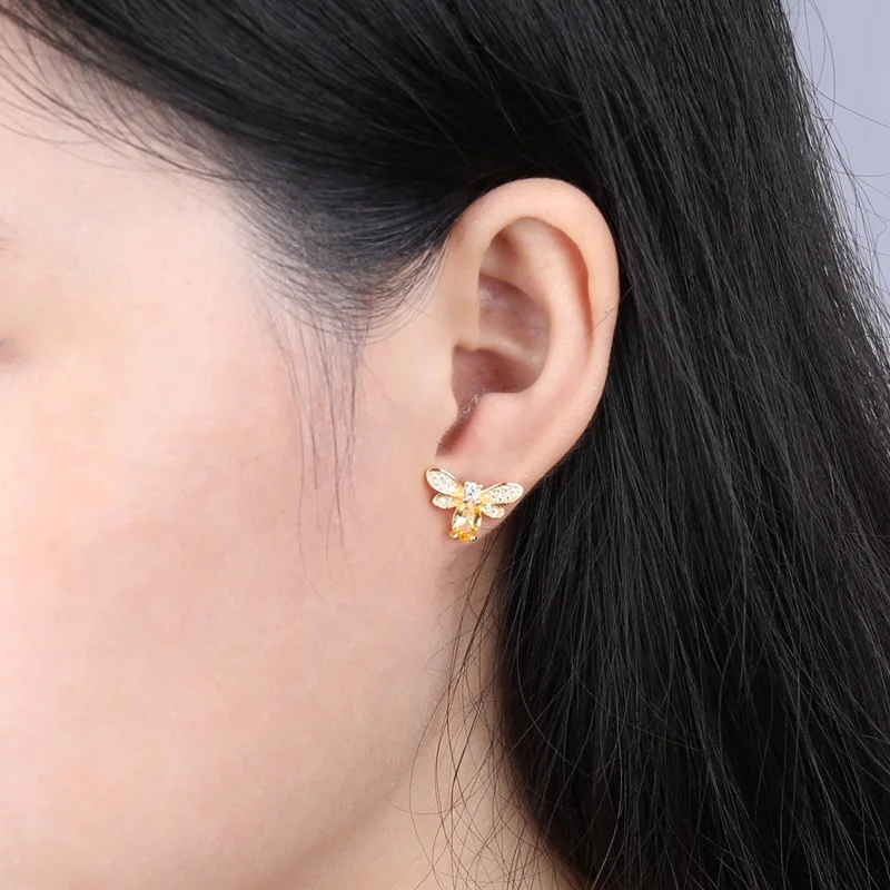 

OMHXZJ Wholesale European Fashion Woman Girl Party Wedding Gift Bee Gold White AAA Zircon 18KT Yellow Gold Stud Earrings EA226